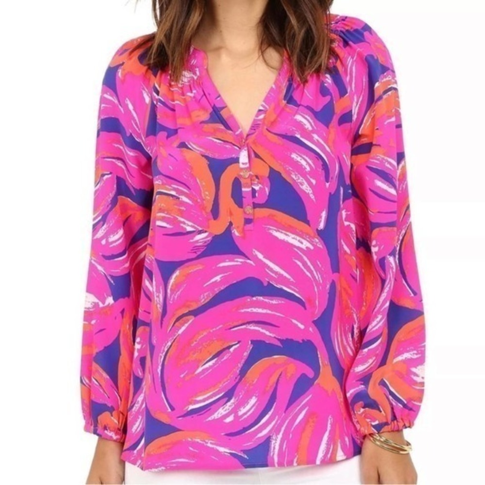 Lilly Pulitzer Elsa Silk Top in Bomber Blue Plume Bloom- Pink Orange Blue- Small